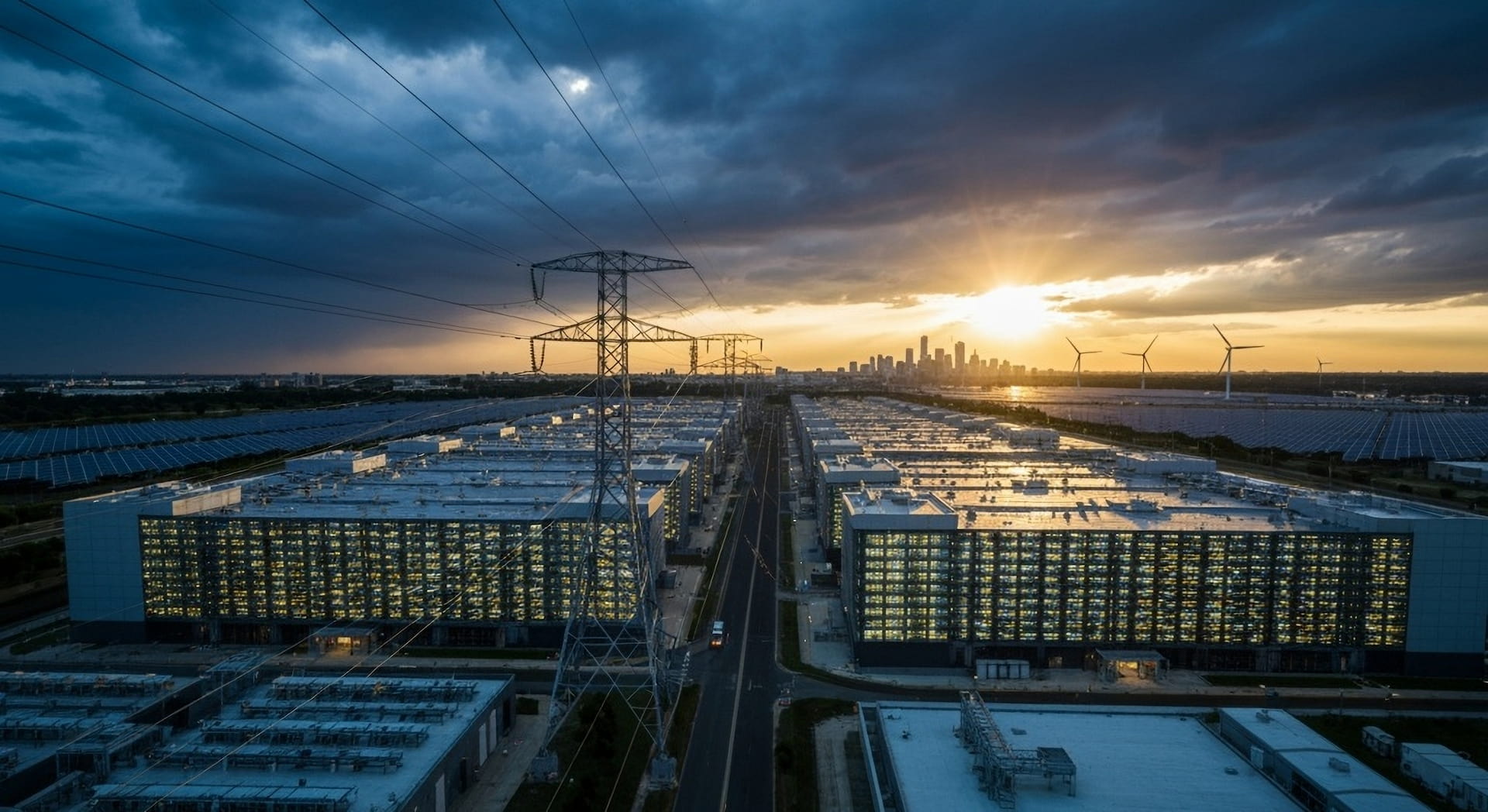 Data center campus at sunset