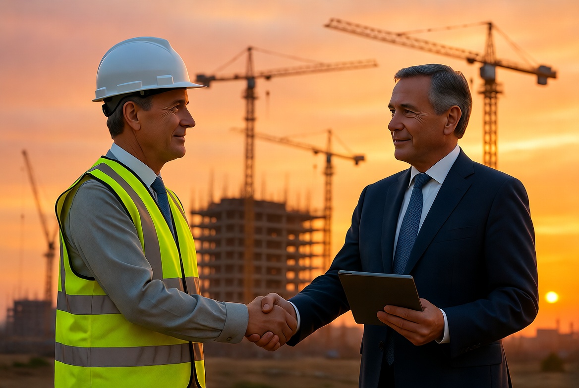 Executive shaking hands at modern data center construction site