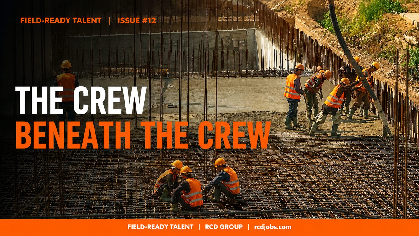 Construction crew tying rebar in a deep foundation pour