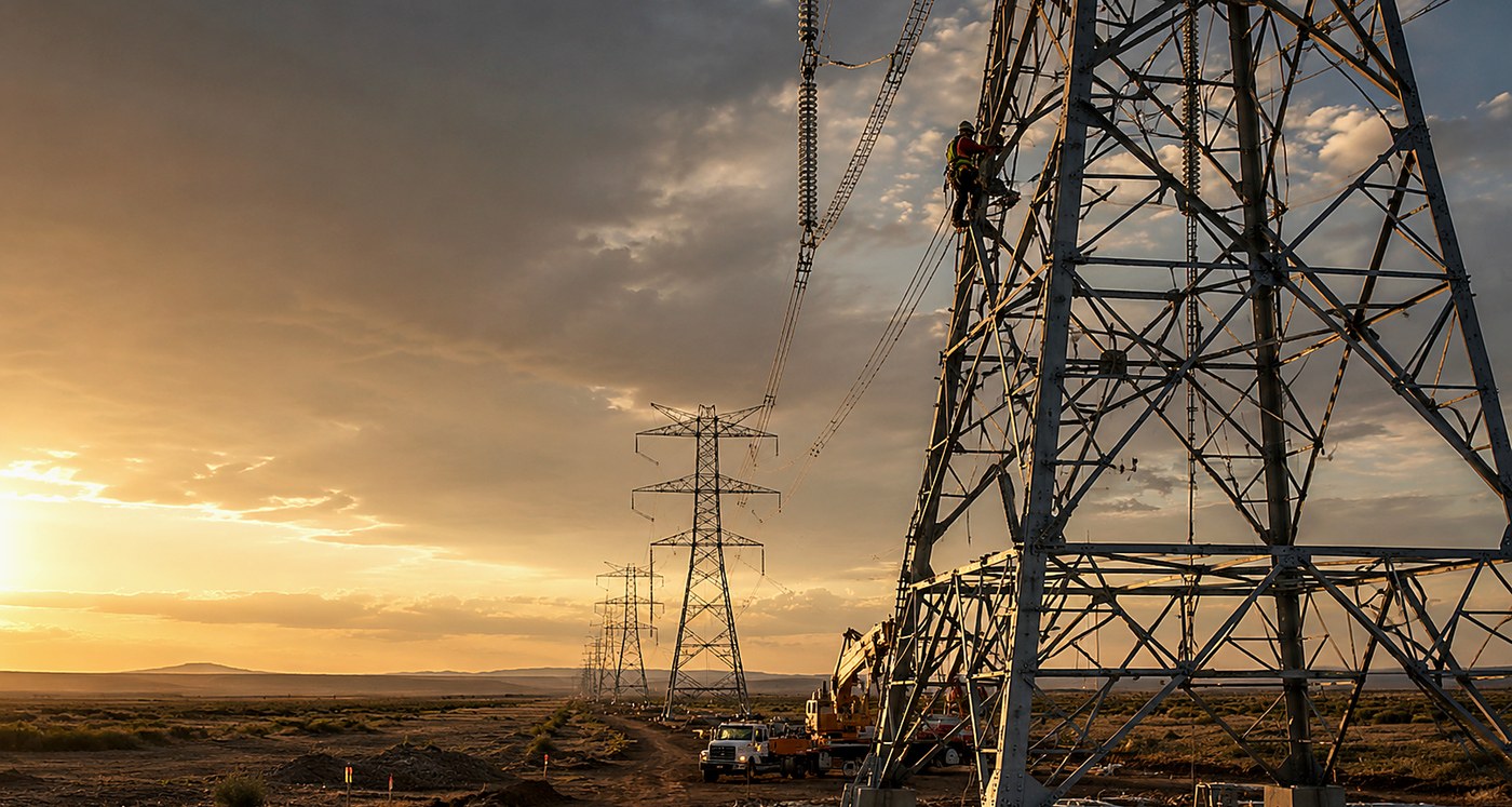 High-voltage transmission tower under construction at golden hour with a lineman climbing the steel