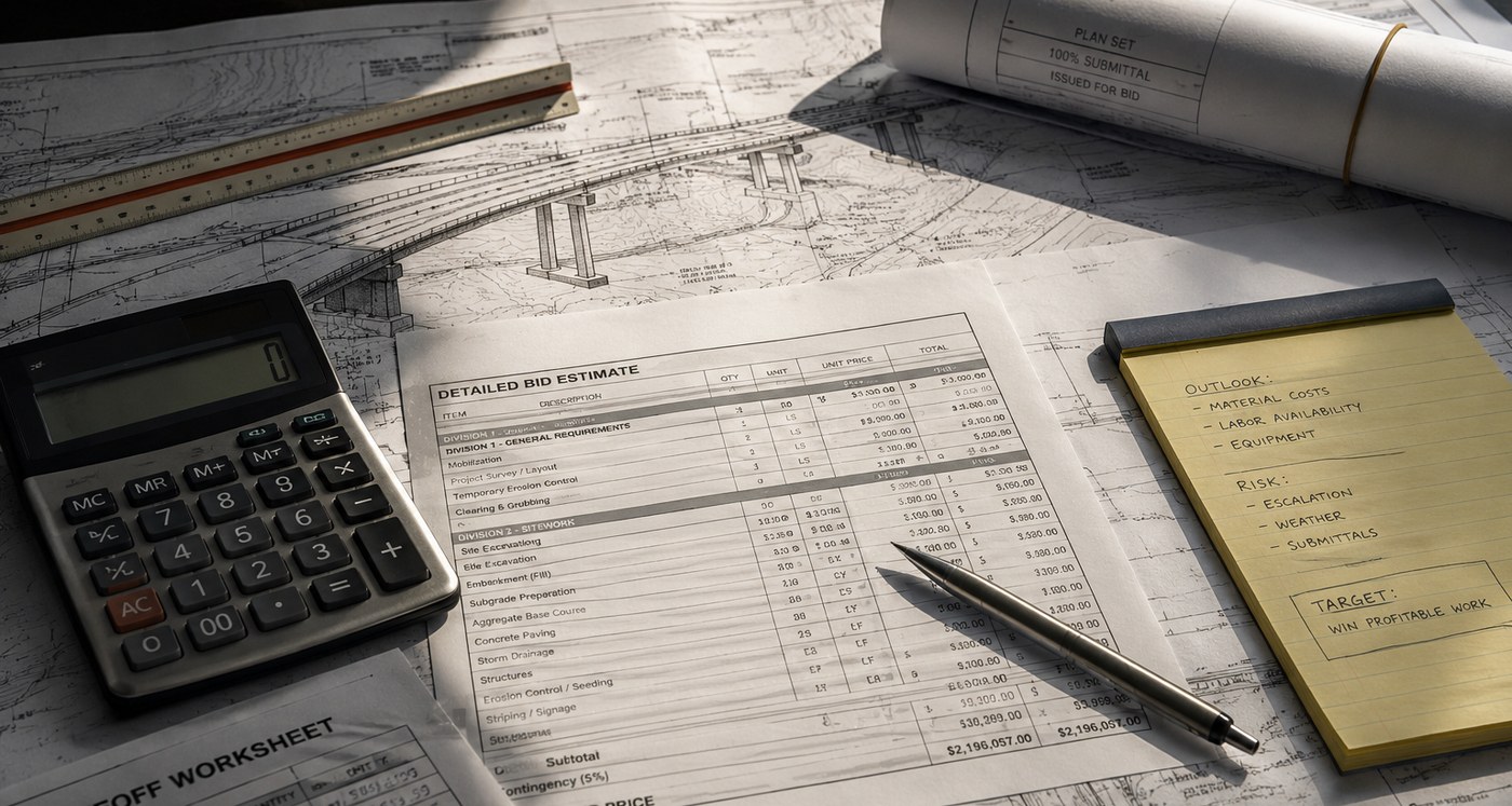 Estimating desk with calculator, detailed bid estimate and takeoff worksheet over bridge blueprints