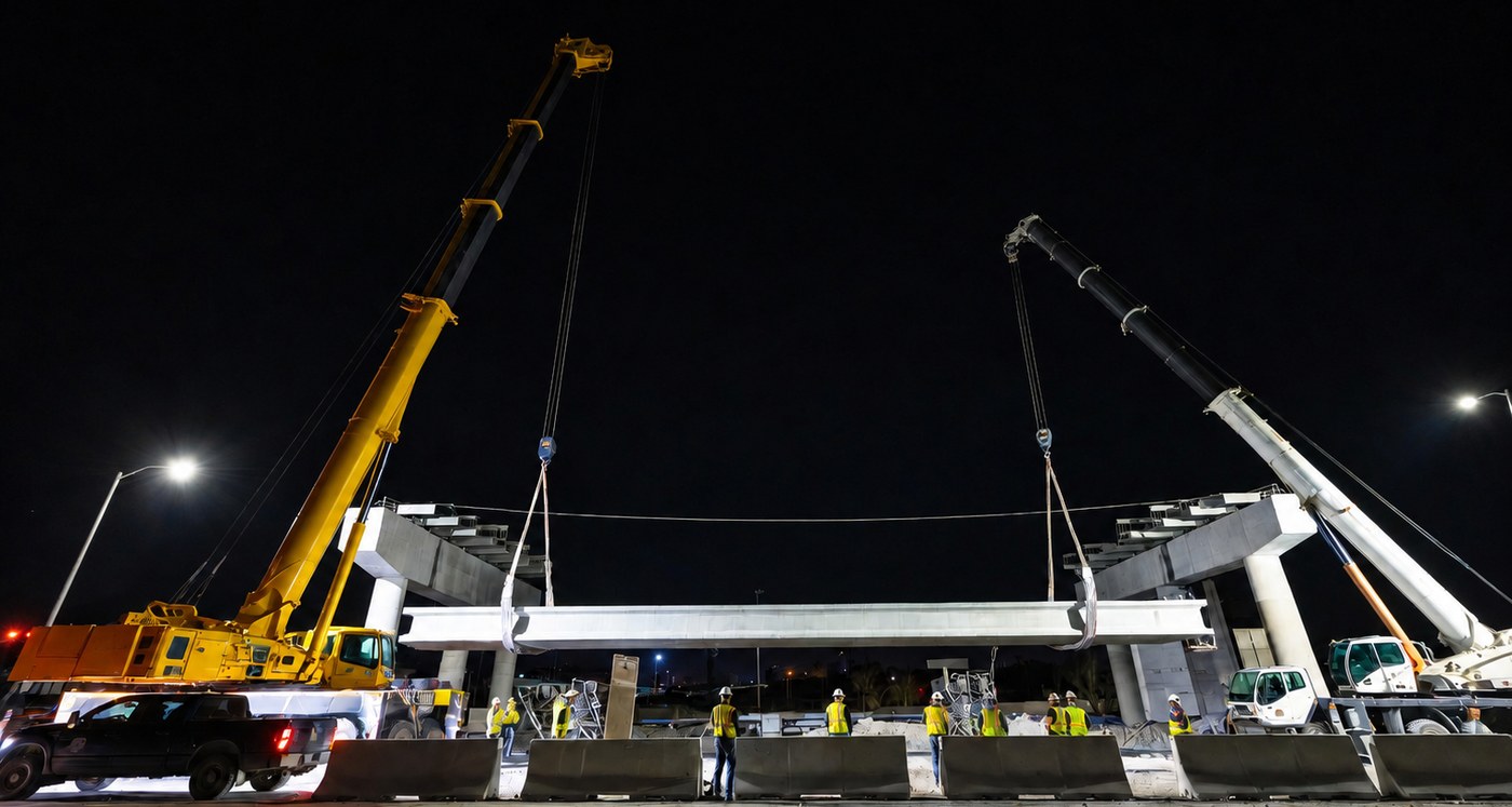 Night-time bridge lift: two cranes lower an 850-foot replacement span into place over a closed Pittsburgh highway as crews in hi-vis watch from below