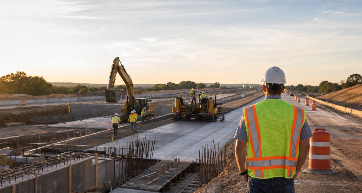 A construction superintendent in a hi-vis vest overlooks an active interstate reconstruction at golden hour, a paver and excavator working down the open roadway