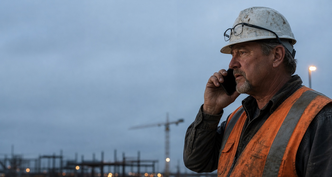 A construction foreman in an orange hi-vis vest takes a phone call on a jobsite at dusk, tower cranes on the skyline behind him