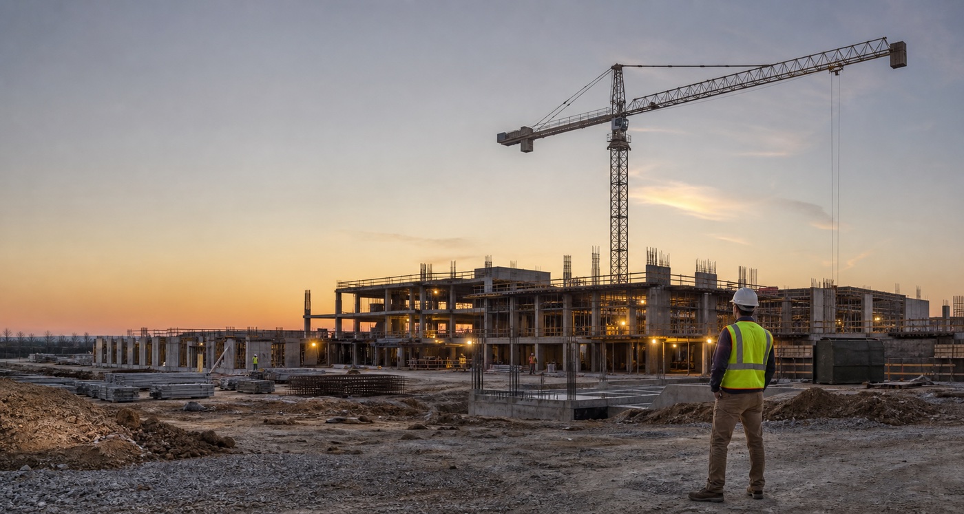 A lone superintendent in a hi-vis vest overlooks a quiet commercial jobsite at dusk, an idle tower crane against the fading sky