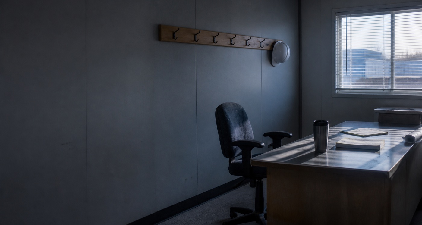 A dark, empty office at dusk: bare coat hooks on the wall and a chair pushed back from a cleared desk by the window