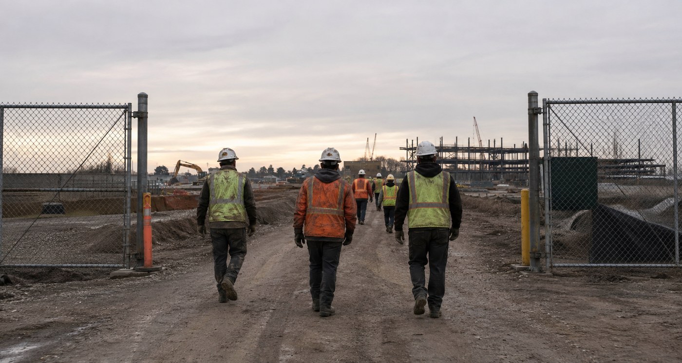 A crew in hi-vis vests and hard hats walks through a jobsite gate at dawn, tower cranes and steel framing rising in the distance