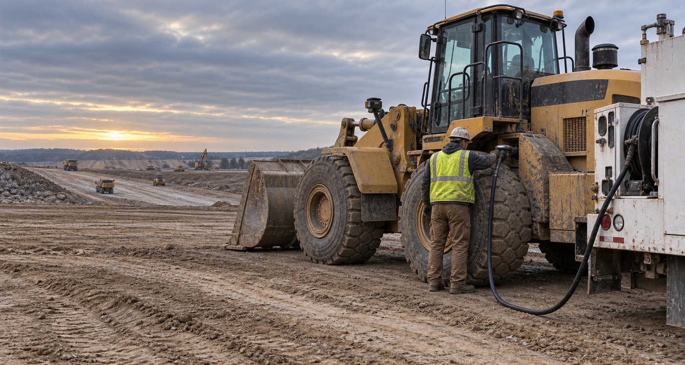 An operator in a hi-vis vest fuels a wheel loader on a graded jobsite at sunrise, haul trucks and a water tank in the background