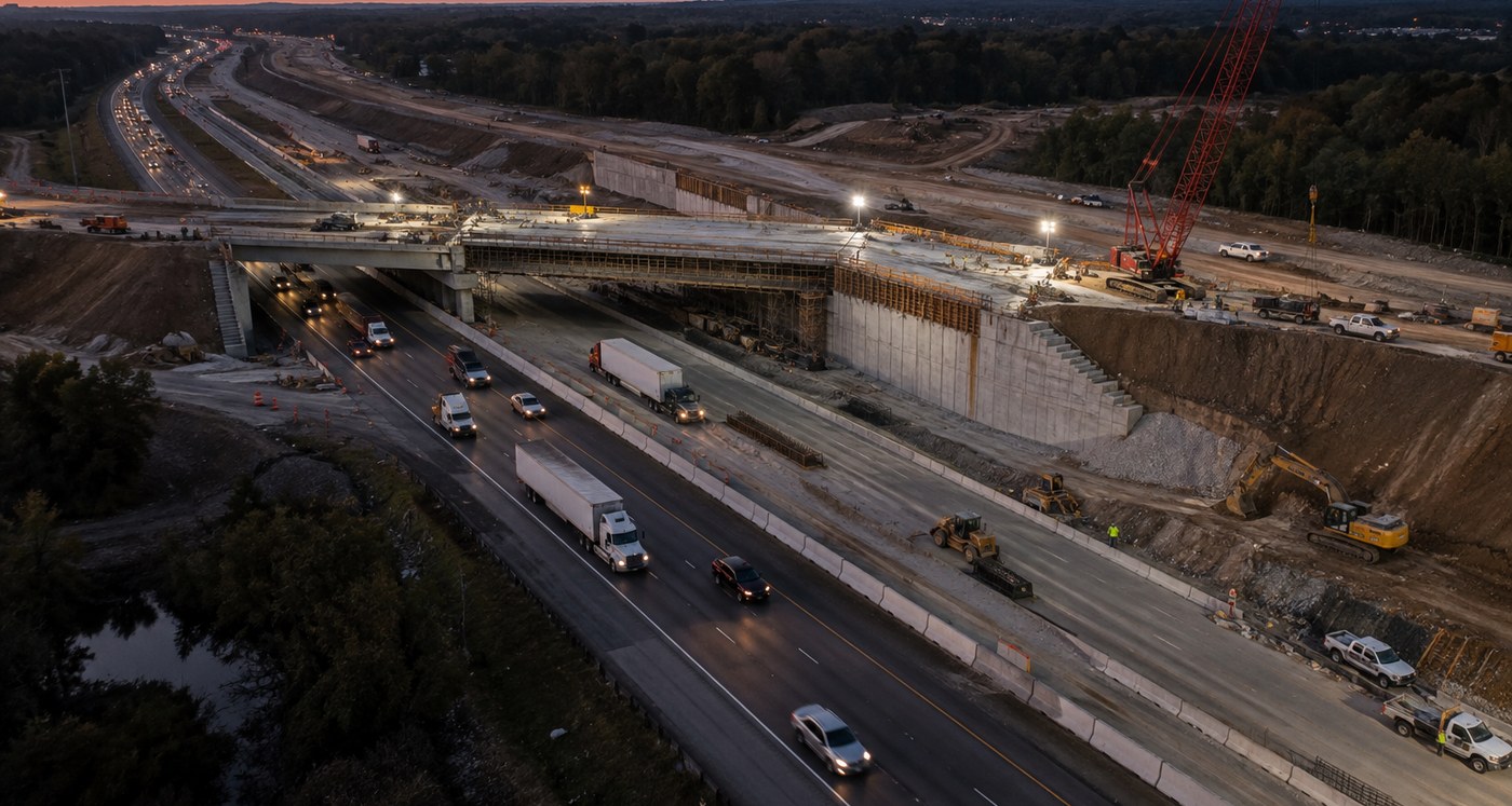An interstate widening jobsite at dusk, new lanes under construction beside live traffic