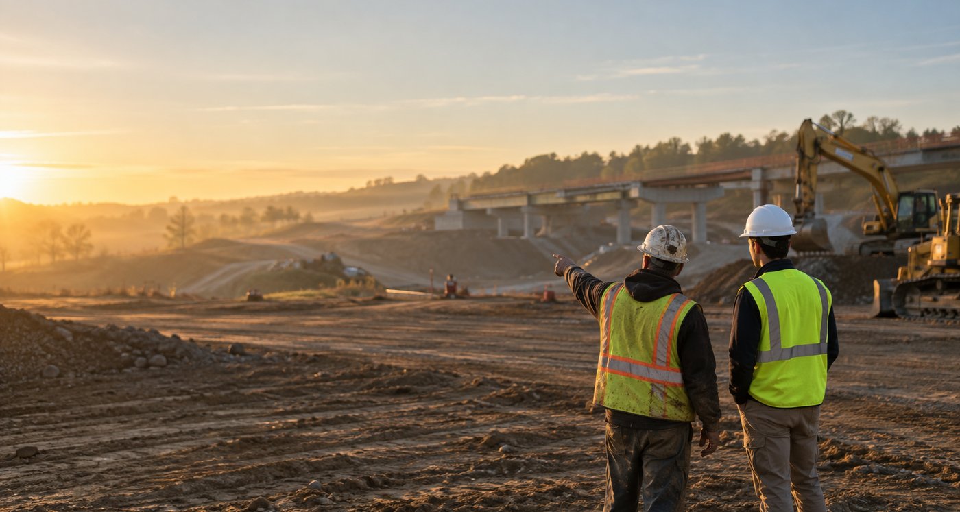 Two crew members in hi-vis vests and hard hats on a graded site at sunrise, one pointing toward a bridge under construction
