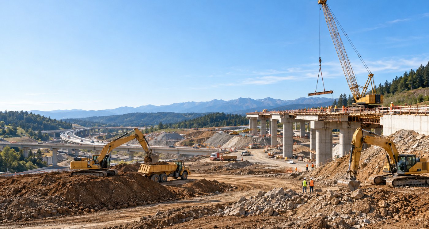 A heavy civil interchange jobsite with excavators loading a haul truck and a crawler crane setting a beam on new bridge piers, mountains in the distance