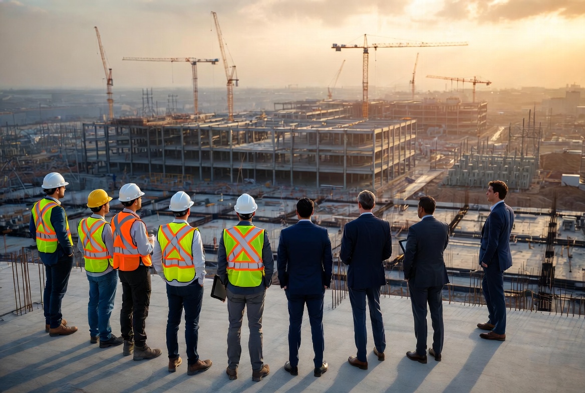 Construction leaders overlooking massive data center site at golden hour