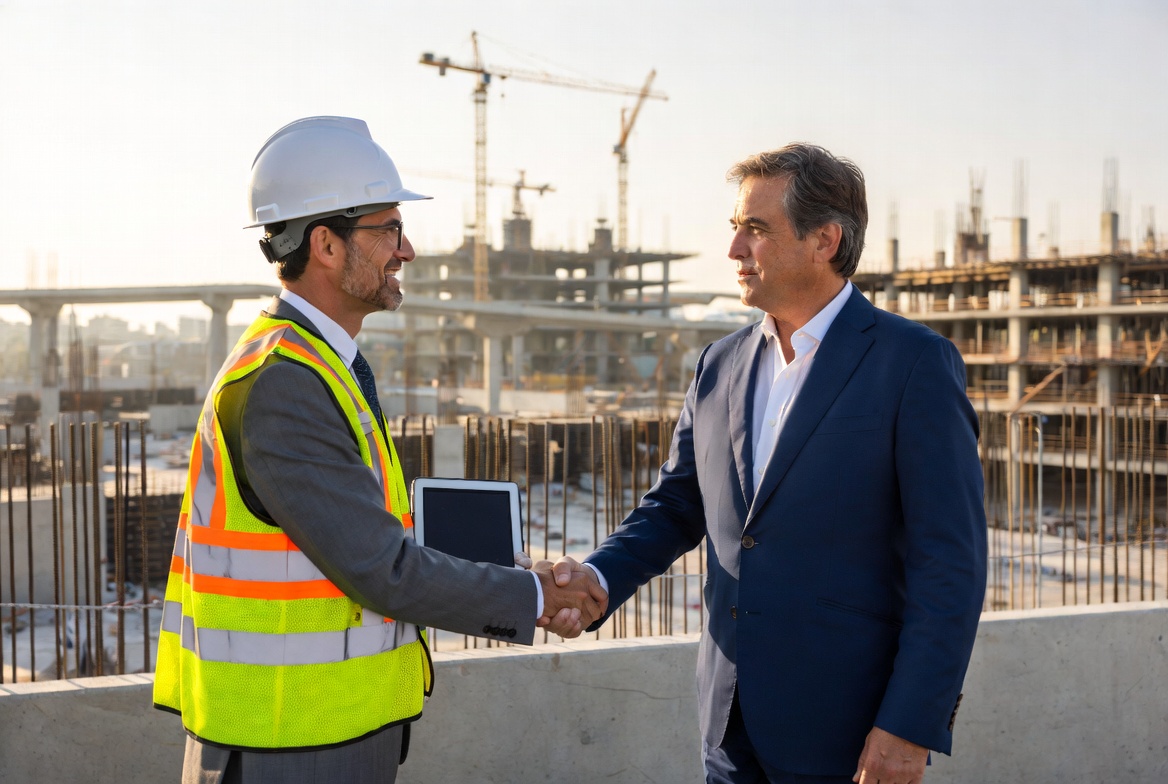 Superintendent shaking hands with executive at data center construction site