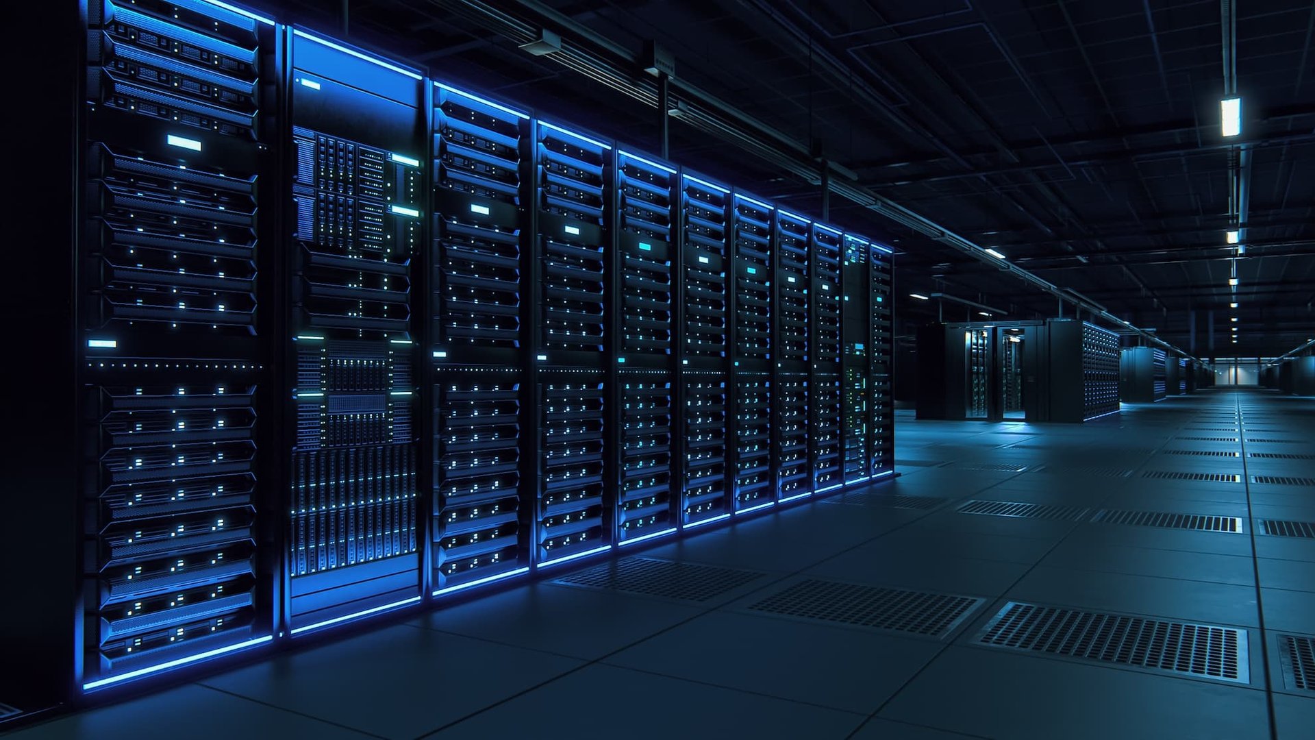 Modern data center infrastructure with cool blue lighting