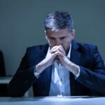 Worried businessman sitting at desk.