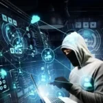 Hooded hacker infiltrating digital network.